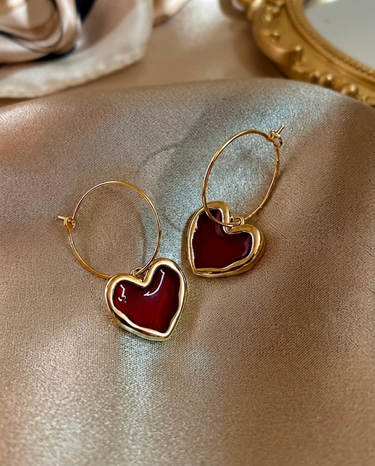 Red Heart Drop Hoop Earrings – Gold Plated
