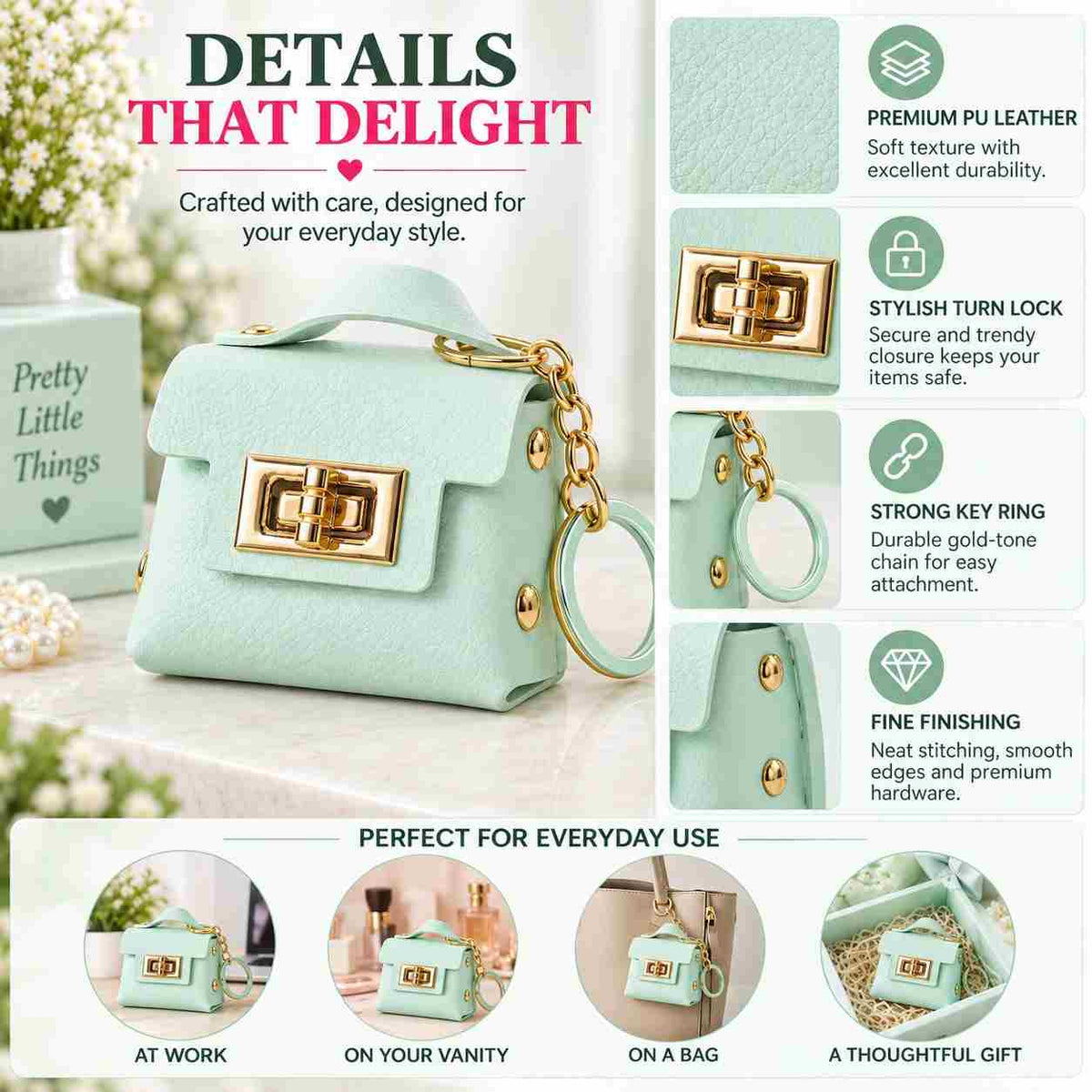 Pastel Green Mini Purse Keychain – Cute Bag Charm with Gold-Tone Chain