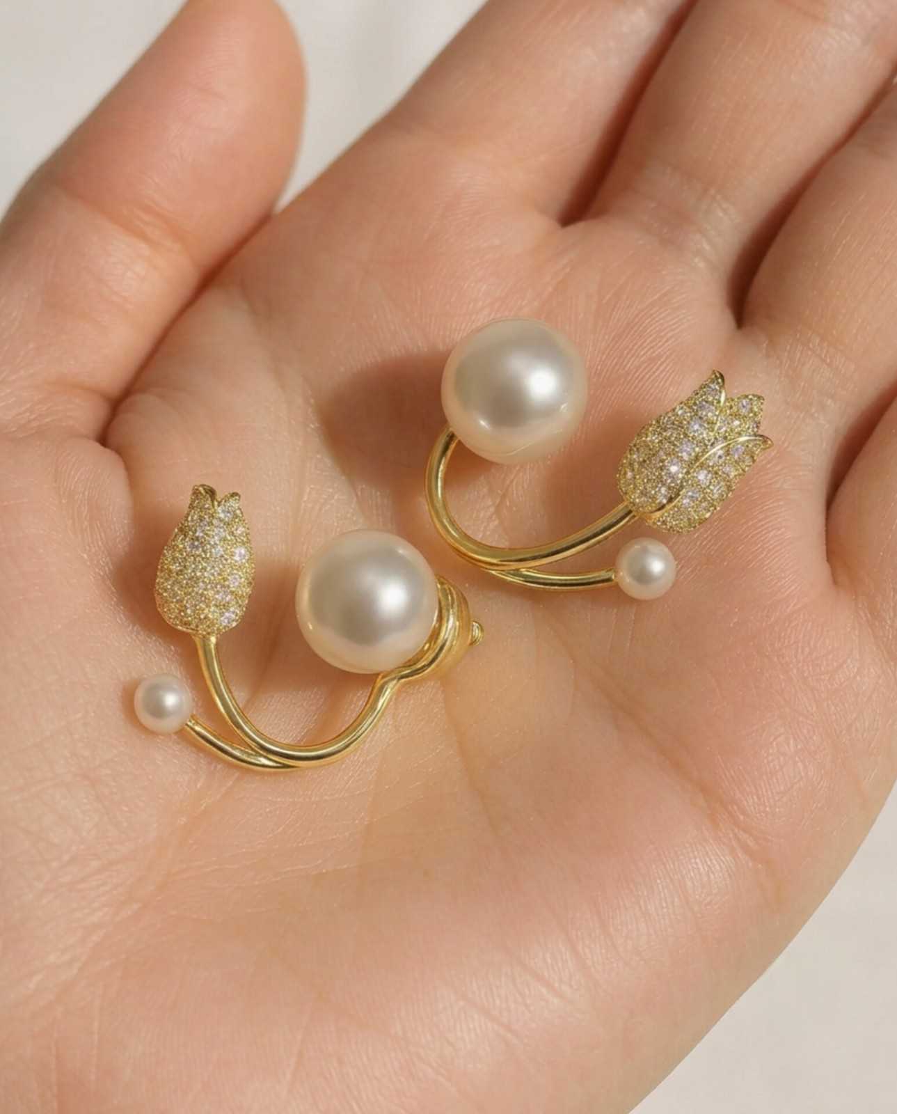 Gold Tulip Pearl Ear Jacket Earrings – Pavé CZ Crawler Studs