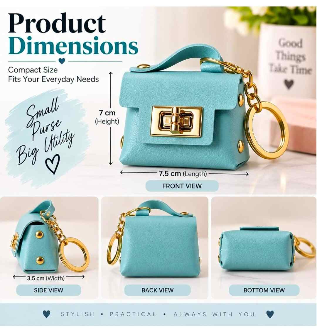 Mini Pastel Blue Leather Handbag Charm & Keychain with Gold Hardware