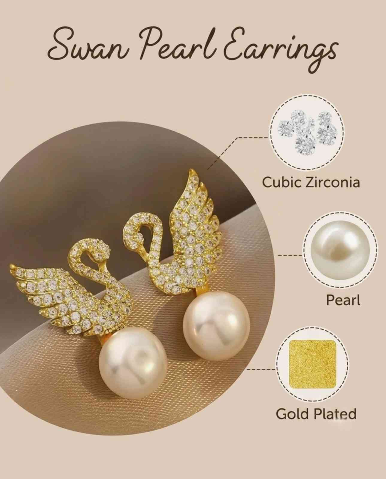 Gold Swan Pearl Drop Earrings – Pavé Cubic Zirconia Pearl Studs