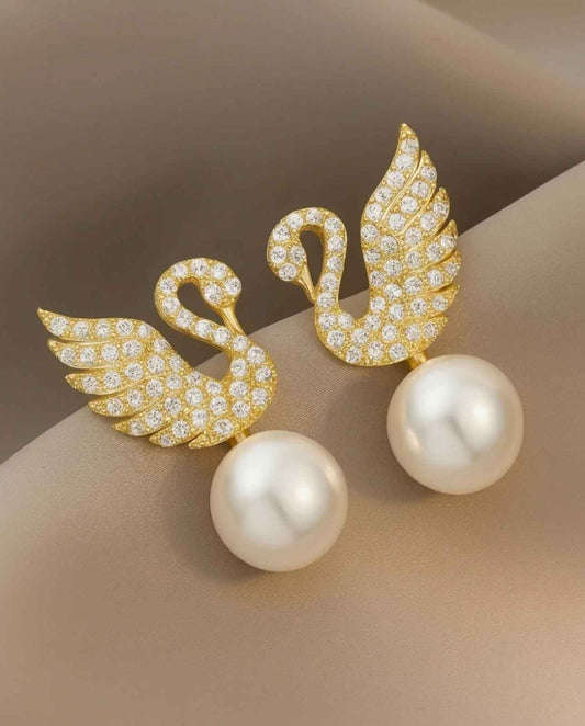 Gold Swan Pearl Drop Earrings – Pavé Cubic Zirconia Pearl Studs