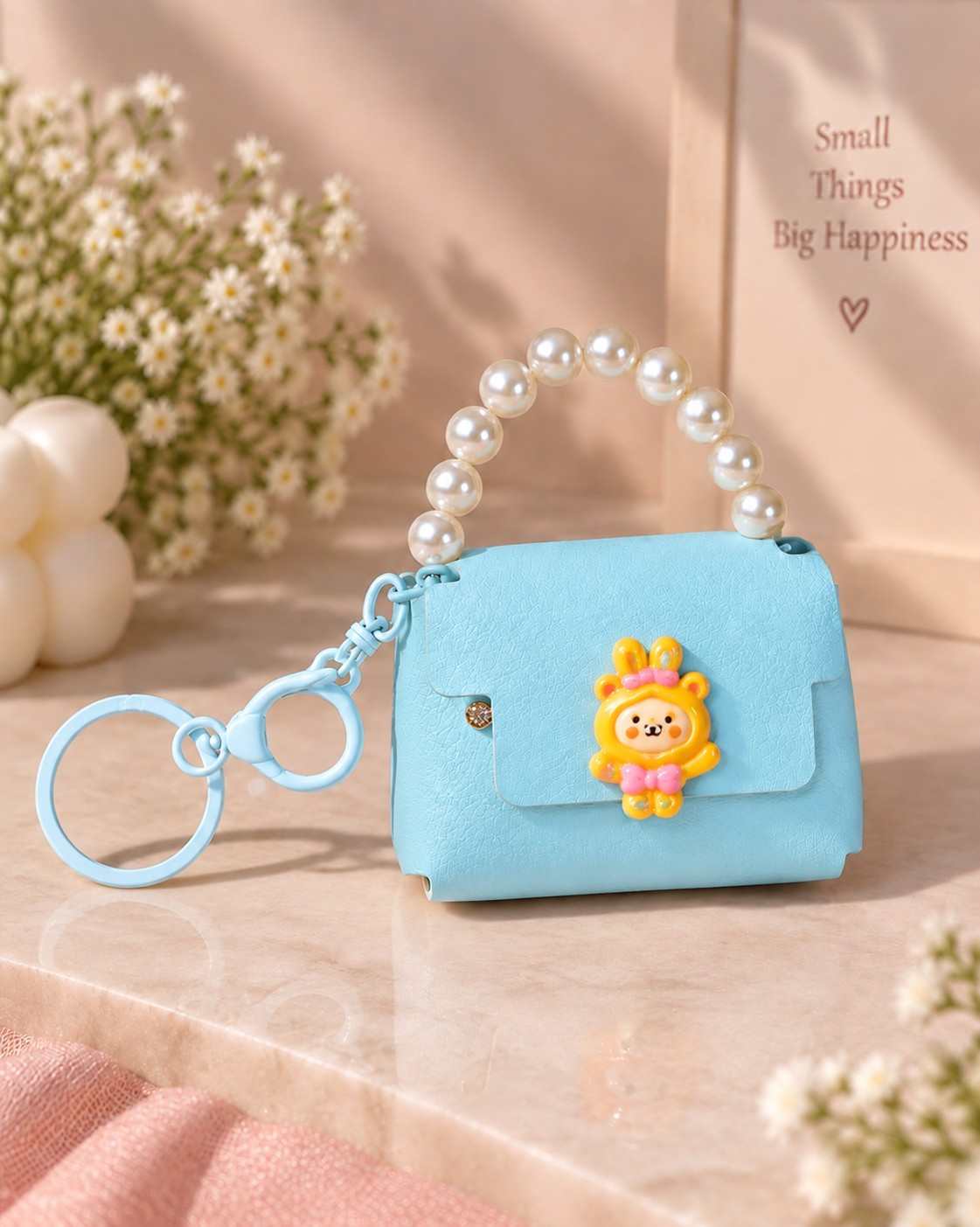 Mini Keychain Bag with Pearl Handle & Cute Character Charm