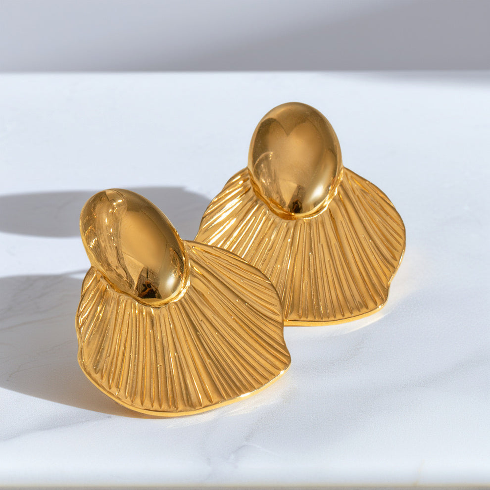 Korean Textured Gold Fan Statement Stud Earrings
