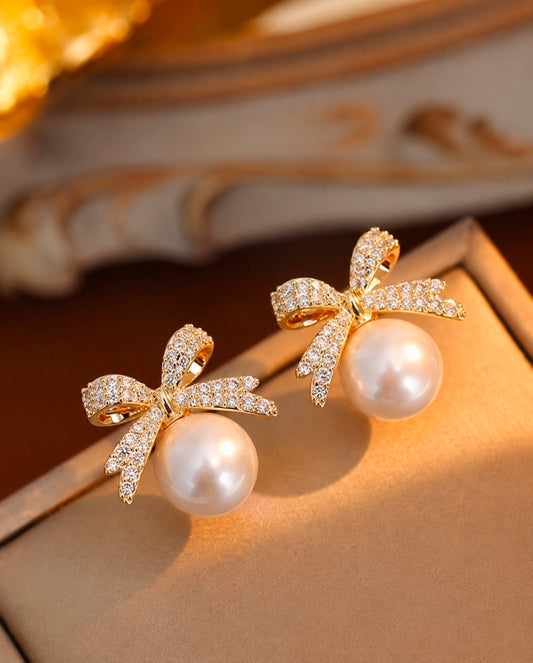 Gold Bow Pearl Stud Earrings – Pavé Cubic Zirconia Ribbon Studs