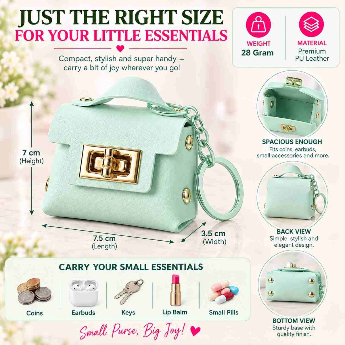 Pastel Green Mini Purse Keychain – Cute Bag Charm with Gold-Tone Chain