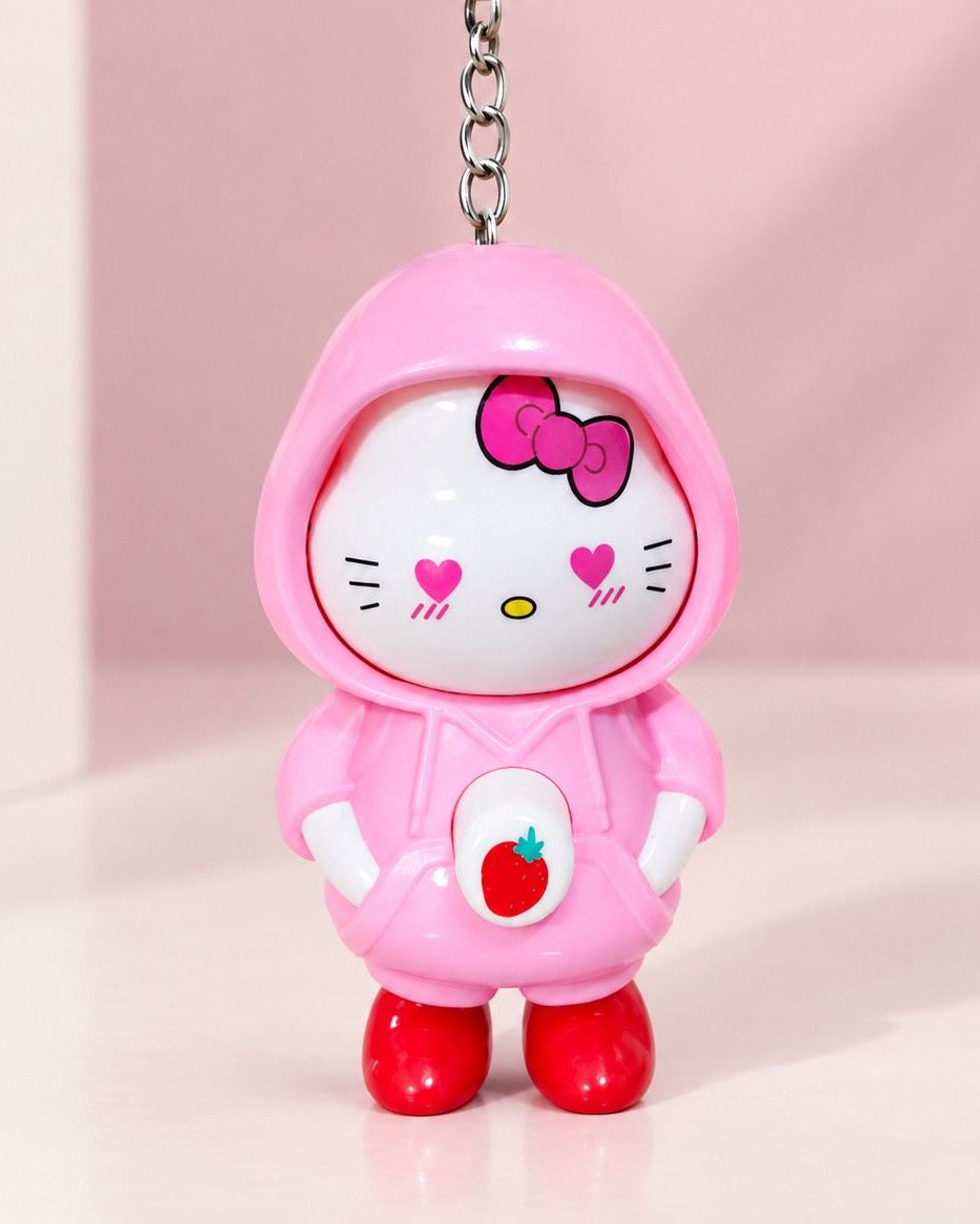 3-in-1 Face Changing Hello Kitty Keychain (Pink Strawberry Hoodie) – Cute Interactive Expression Keyring