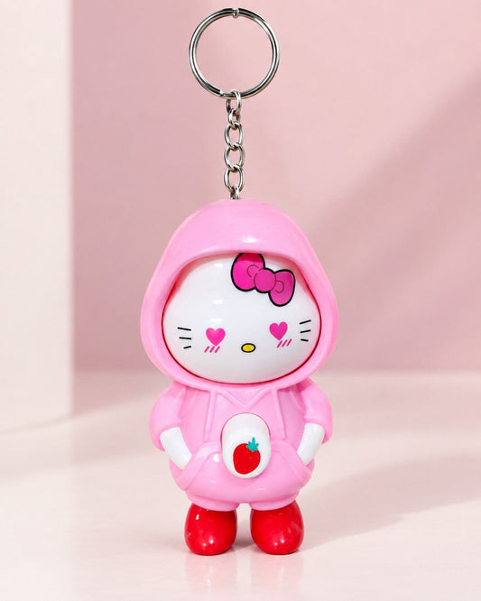 3-in-1 Face Changing Hello Kitty Keychain (Pink Strawberry Hoodie) – Cute Interactive Expression Keyring