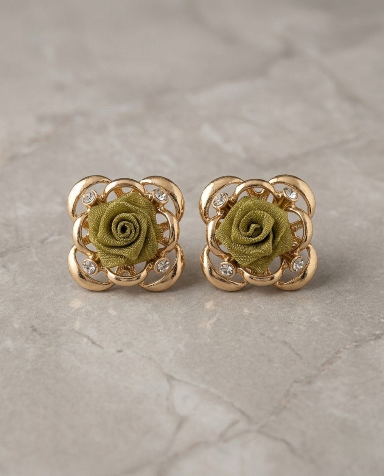 Golden Rose Stud Earrings – Gold Filigree Crystal Floral Studs