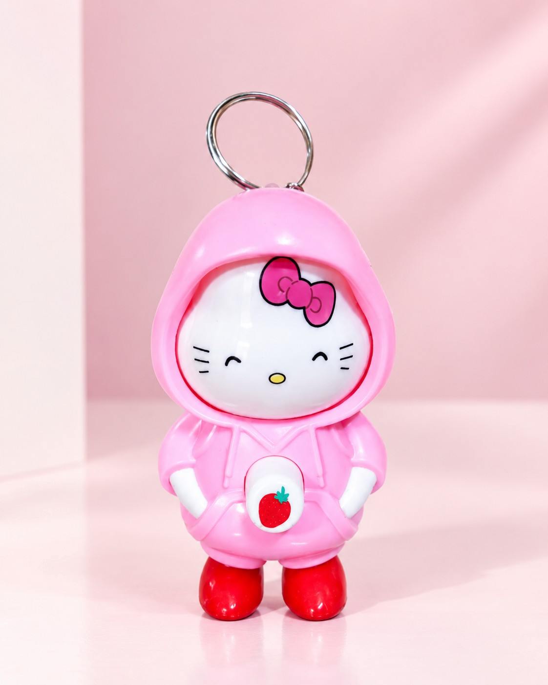 3-in-1 Face Changing Hello Kitty Keychain (Pink Strawberry Hoodie) – Cute Interactive Expression Keyring