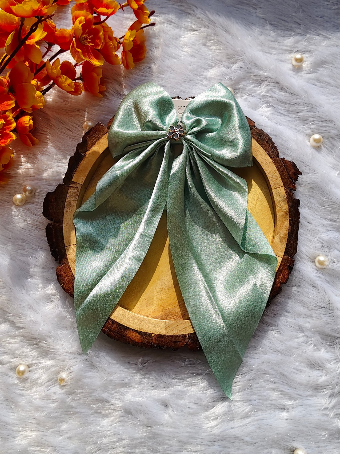 Elegant Satin Ribbon Bow Hair Clip with Floral Centerpiece