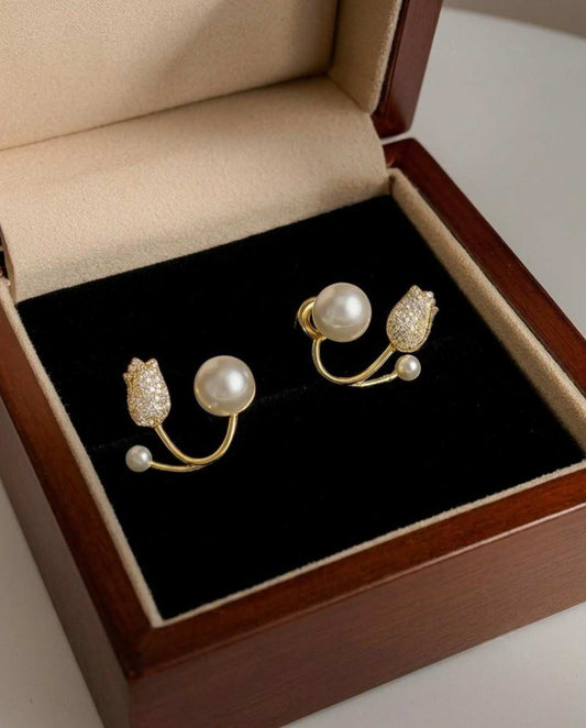 Gold Tulip Pearl Ear Jacket Earrings – Pavé CZ Crawler Studs