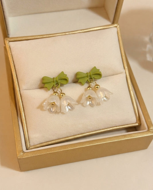 Lily of the Valley Bow Earrings – Iridescent Pearl Floral Drops